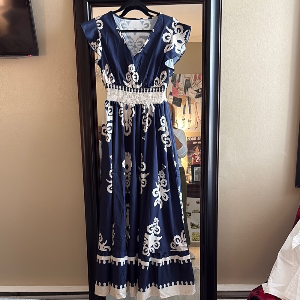 Alan Flusser Blue Sleeveless V-Neck Maxi Dress